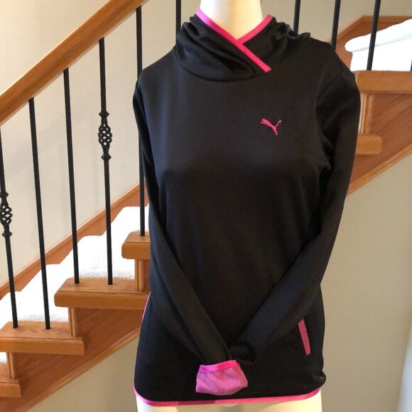 Puma Rudolf Dassler Sport Athletic Running Hooded Top Black w Pink Sz S NWOT - Picture 1 of 7